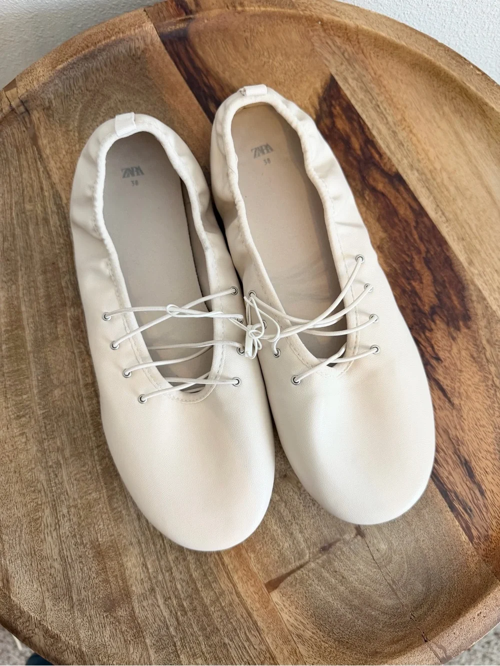 NEW Zara Leather Lace Up Ballet Flats Size 38
